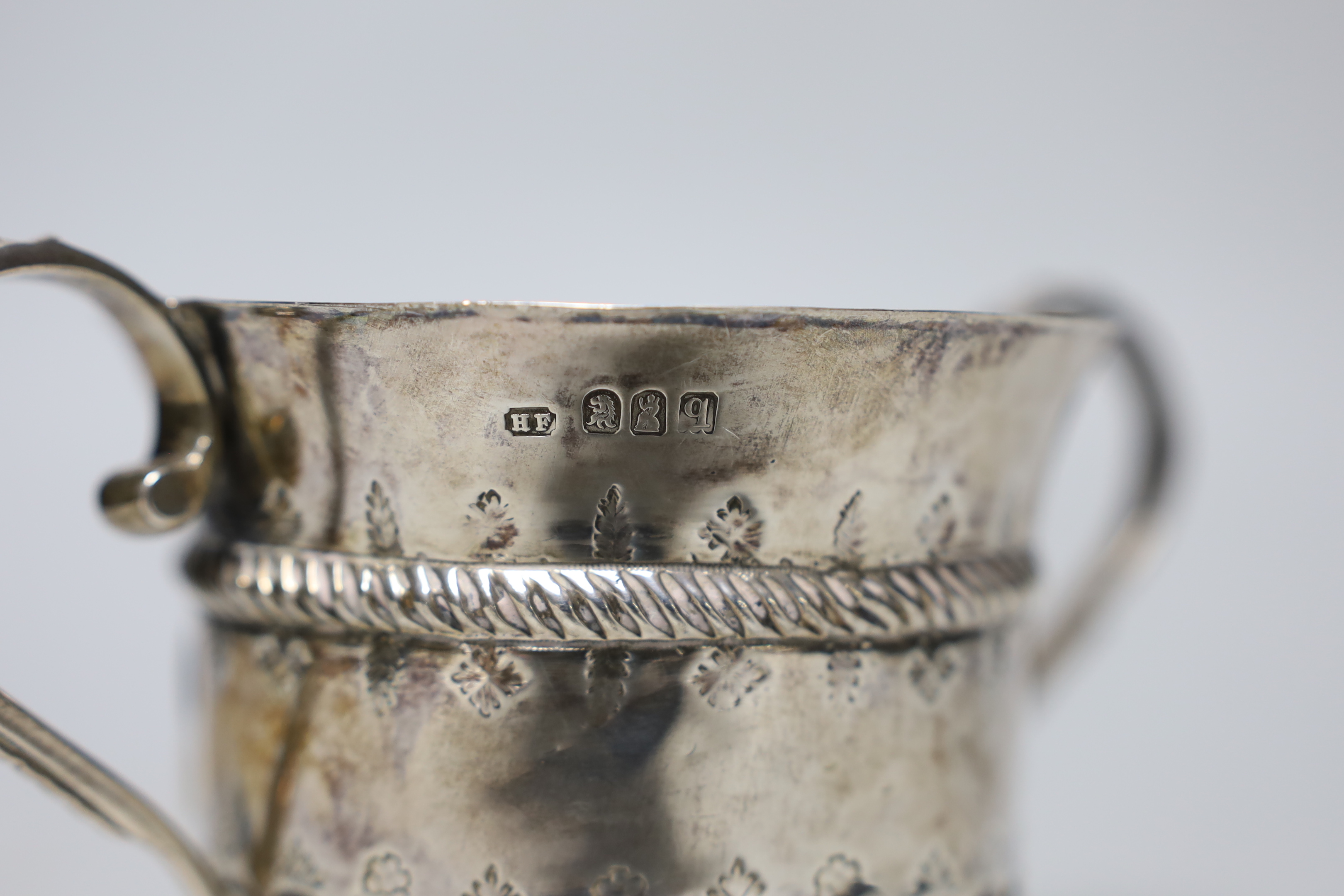 A George V 17th/18th century style Brittania standard silver porringer, Harry Freeman, London, 1911, height, 89mm, 6.1oz.